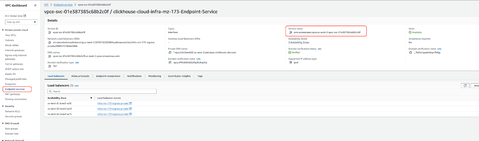 Конечная точка сервиса BYOC PrivateLink