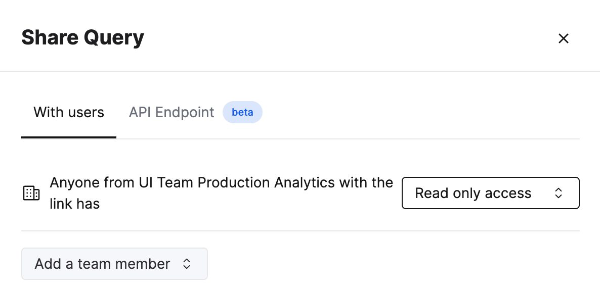 Редактор запросов ClickHouse Cloud с показом функции совместного доступа и вариантов прав