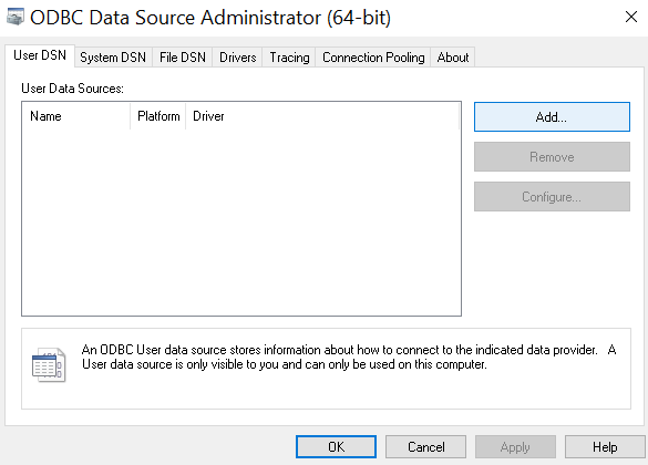 ODBC Data Source Administrator с выделенной кнопкой Add для создания нового DSN
