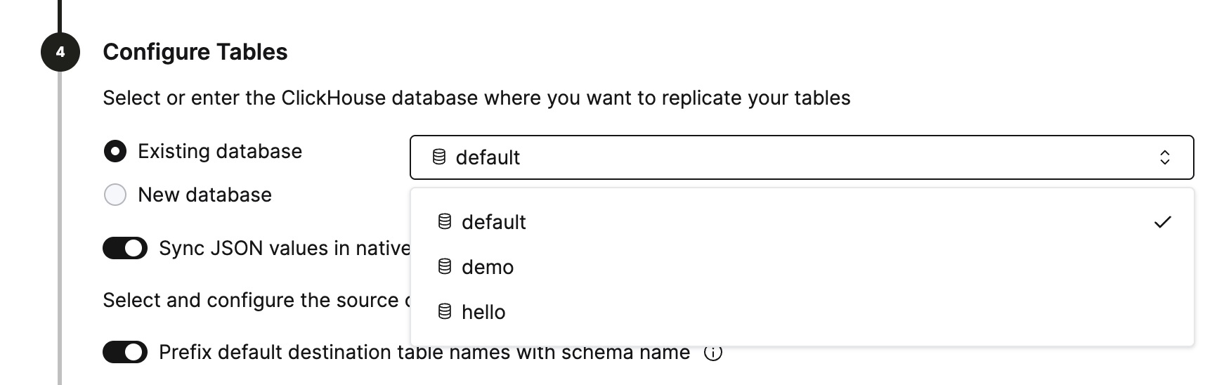 Select destination database